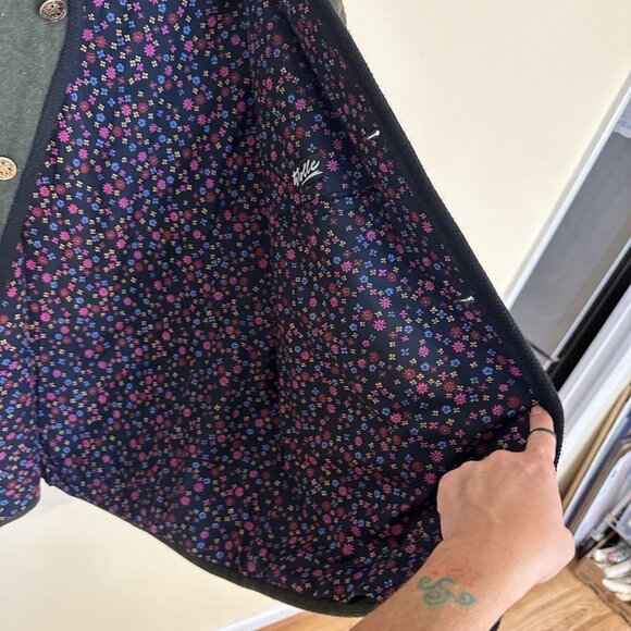 Vintage Wolle Womens Green Wool Cardigan Jacket Floral Lining & Brass Buttons - Picture 9 of 10